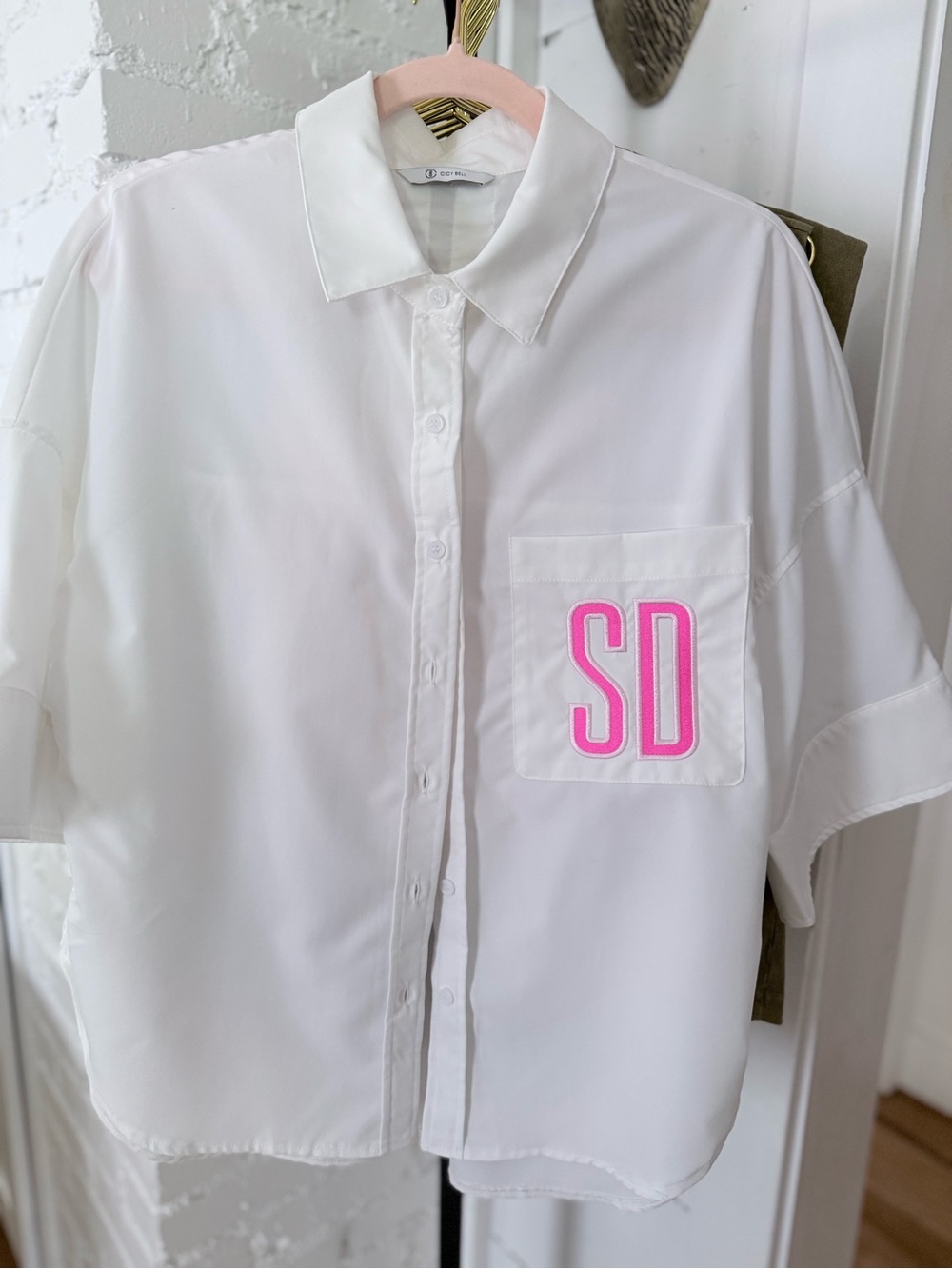 White Short-Sleeve Button-Up Blouse with Pink SD Monogram